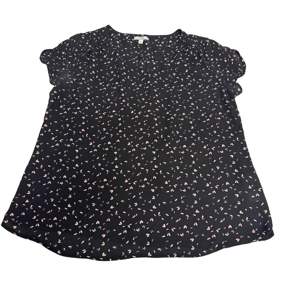 Croft & Barrow Womens Large Black Pink Petal Print Cap Sleeve V-Neck Blouse Top
